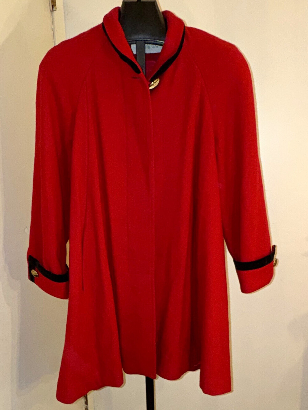 Stephanie Mathews Wool Red Coat Black  Trim Button Front Lined 3/4 made  USA